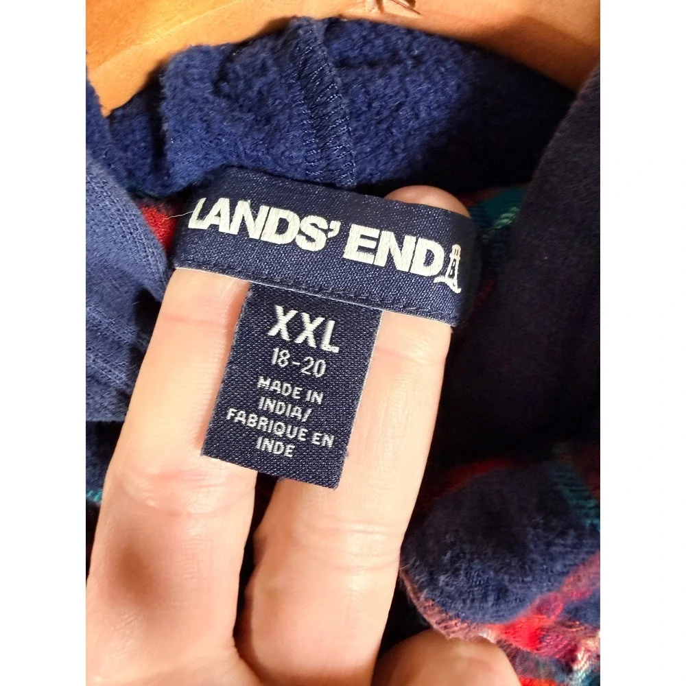 Lands End Boys XXL 18-20 Hooded Flannel Shirt Red Blue Plaid Button Up 525170